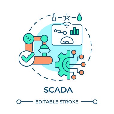 SCADA çok renkli konsept simgesi. Denetleme kontrol, veri toplama. Akıllı fabrika, işlem performansı. Yuvarlak şekil çizimi. Soyut bir fikir. Grafik tasarımı. Bilgide kullanması kolay