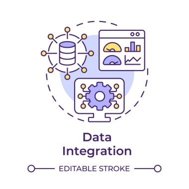 Veri entegrasyonu çok renkli konsept simgesi. Performans analizi, verimlilik artışı. Yuvarlak şekil çizimi. Soyut bir fikir. Grafik tasarımı. Bilgi ve yazıda kullanması kolay