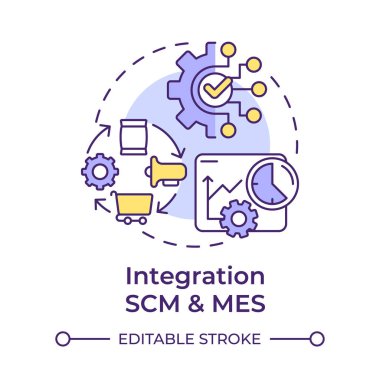Bütünleşme SCM ve MES çok renkli konsept simgesi. İnfaz sistemleri üretiliyor. Fabrika otomasyonu. Yuvarlak şekil çizimi. Soyut bir fikir. Grafik tasarımı. Bilgi ve yazıda kullanması kolay