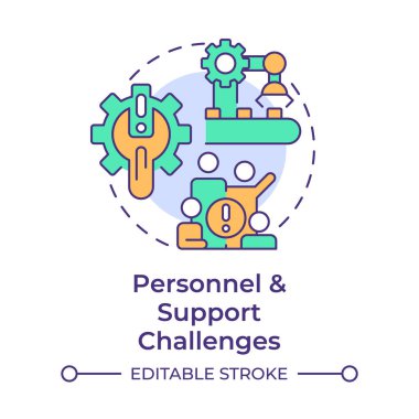 Personel ve destek çok renkli konsept ikonu zorluyor. Sistem altyapısı, uyum teknolojisi. Yuvarlak şekil çizimi. Soyut bir fikir. Grafik tasarımı. Bilgide kullanması kolay