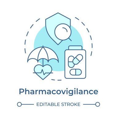 Pharmacovigilance yumuşak mavi konsept ikonu. Hasta destek servisi. Klinik çalışma, bilimsel edebiyat. Yuvarlak şekil çizimi. Soyut bir fikir. Grafik tasarımı. Bilgide kullanması kolay