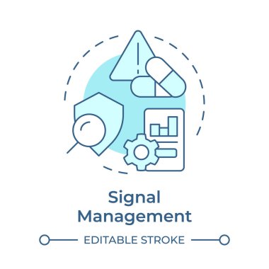 Sinyal yönetimi yumuşak mavi konsept simgesi. Ürün kalitesi, eczacılık. Risk değerlendirmesi. Yuvarlak şekil çizimi. Soyut bir fikir. Grafik tasarımı. Bilgi ve yazıda kullanması kolay