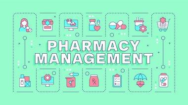 Eczane yönetimi yeşil kelime kavramı. Eczacılık ürünleri. Hasta destek servisi. Tipografi afişi. Başlık metniyle vektör illüstrasyonu, düzenlenebilir simge rengi. İnbot Sans yazı tipi kullanıldı