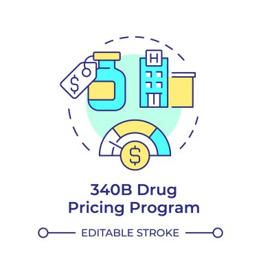 340B Uyuşturucu fiyatlandırma programı çok renkli konsept simgesi. Kamu hizmeti, bakım tesisi. Yuvarlak şekil çizimi. Soyut bir fikir. Grafik tasarımı. Bilgi ve yazıda kullanması kolay