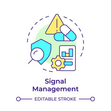 Sinyal yönetimi çok renkli konsept simgesi. Ürün kalitesi, eczacılık. Risk değerlendirmesi. Yuvarlak şekil çizimi. Soyut bir fikir. Grafik tasarımı. Bilgi ve yazıda kullanması kolay