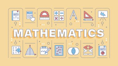 Matematik turuncu kelime kavramı. Bilim hesaplamaları. Akademik disiplin, cebir. Tipografi afişi. Başlık metniyle vektör illüstrasyonu, düzenlenebilir simge rengi. İnbot Sans yazı tipi kullanıldı