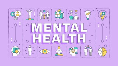 Zihinsel sağlık ışığı mor kelime konsepti. Sosyal bağlantılar, ilişkiler. Bilinçli meditasyon. Tipografi afişi. Başlık metniyle vektör illüstrasyonu, düzenlenebilir simge rengi. İnbot Sans yazı tipi kullanıldı