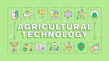 Tarım teknolojisi yeşil kelime kavramı. Çiftlik teknolojisi, akıllı çiftçilik. Hassas ekim. Tipografi afişi. Başlık metniyle vektör illüstrasyonu, düzenlenebilir simge rengi. İnbot Sans yazı tipi kullanıldı