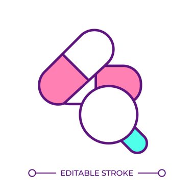 İlaç kalite kontrol RGB renk simgesi. Uyuşturucu ürünleri üretimi. Büyüteç gözlem, izleme. İzole vektör çizimi. Basit bir çizgi çizimi. Düzenlenebilir vuruş