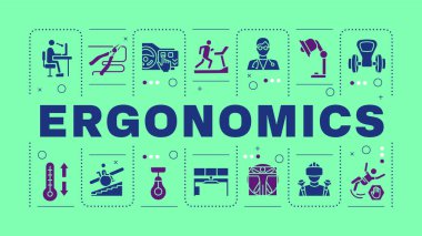 Ergonomik mavi kelime konsepti. Ürün güvenliği, rahatlık. Çalışanların sağlığı, doğru duruş. Görsel iletişim. Harfli vektör sanatı, düzenlenebilir sembol. İnbot Sans yazı tipi kullanıldı