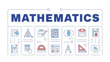 Matematik turuncu kelime kavramı beyaza izole edilmiş. Bilim hesaplamaları. Akademik disiplin. Düzenlenebilir renkli çizgi simgeleriyle çevrili yaratıcı illüstrasyon afişi. İnbot Sans yazı tipi kullanıldı
