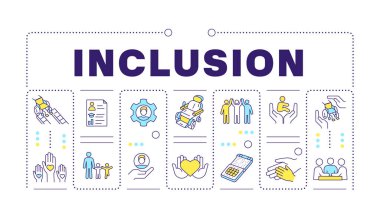 Inclusion purple word concept isolated on white. Diversity business disability. Social justice. Creative illustration banner surrounded by editable line colorful icons. Hubot Sans font used clipart