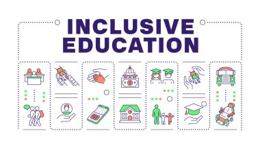 Seçkin eğitim sarı kelime kavramı beyaza izole edilmiş. Okul dahil olmak üzere. Engelli kabulü. Düzenlenebilir renkli çizgi simgeleriyle çevrili yaratıcı illüstrasyon afişi. İnbot Sans yazı tipi kullanıldı