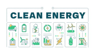Temiz enerji yeşil kelime kavramı beyaza izole edildi. Enerji yel değirmeni, yeşil teknoloji. Doğayı koruma. Düzenlenebilir renkli çizgi simgeleriyle çevrili yaratıcı illüstrasyon afişi. İnbot Sans yazı tipi kullanıldı