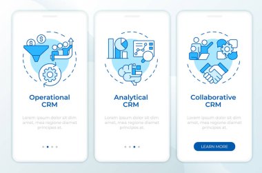 CRM araçları mavi mobil uygulama ekranında. Gelişmiş analitik. Doğrusal kavramlarla birlikte düzenlenebilir grafik yönergelerini gezdir. UI, UX, GUI şablonu. Montserrat Yarı Kalın, Düzenli yazı tipleri