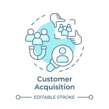 Müşteri edinme yumuşak mavi konsept simgesi. Kurşun mıknatıs. Sosyal medya bağlantısı. Yuvarlak şekil çizimi. Soyut bir fikir. Grafik tasarımı. Bilgide ve sunumda kullanması kolay