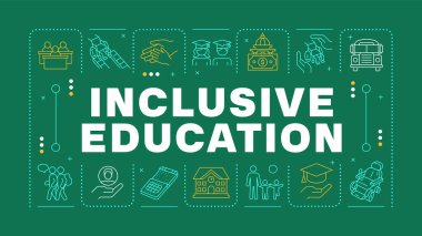 Özel eğitim sarı kelime konsepti. Okul dahil, eşitlik. Engelli kabulü. Yatay vektör görüntüsü. Düzenlenebilir taslak simgelerle çevrili başlık metni. İnbot Sans yazı tipi kullanıldı