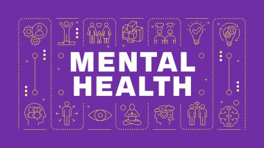 Zihinsel sağlık ışığı mor kelime konsepti. Sosyal bağlantılar, ilişkiler. Bilinçli meditasyon. Yatay vektör görüntüsü. Düzenlenebilir taslak simgelerle çevrili başlık metni. İnbot Sans yazı tipi kullanıldı