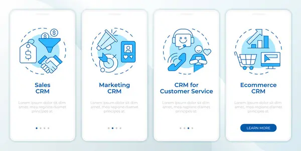 stock vector CRM system types blue onboarding mobile app screen. Walkthrough 4 steps editable graphic instructions with linear concepts. UI, UX, GUI template. Montserrat SemiBold, Regular fonts used