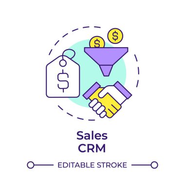 Satış CRM çok renkli konsept simgesi. Lider nesil, iletişim yönetimi. İş performansı. Yuvarlak şekil çizimi. Soyut bir fikir. Grafik tasarımı. Bilgide ve sunumda kullanması kolay