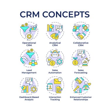 CRM sistemi çok renkli konsept simgeleri yazar. Müşteri yönetimi, satış otomasyonu. İş zekası. Simge paketi. Vektör görüntüleri. Bilgi için yuvarlak şekilli çizimler. Soyut fikir