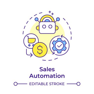 Satış otomasyonu çok renkli konsept simgesi. Müşteri ilişkileri, otomasyon araçları. Yuvarlak şekil çizimi. Soyut bir fikir. Grafik tasarımı. Bilgide ve sunumda kullanması kolay