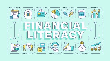 Finansal okuryazarlık turkuvaz kelime kavramı. Aile tasarrufu, faturalar. Kişisel finans. Tipografi afişi. Başlık metniyle vektör illüstrasyonu, düzenlenebilir simge rengi. İnbot Sans yazı tipi kullanıldı