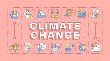 İklim değişikliği mercan pembe kelime konsepti. Endüstriyel su kirliliği, küresel ısınma. Doğal afet. Tipografi afişi. Başlık metniyle vektör illüstrasyonu, düzenlenebilir simge rengi. İnbot Sans yazı tipi kullanıldı