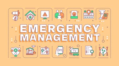 Acil yönetim turuncu kelime konsepti. Yangın tespit sistemleri. Ev güvenliği, felaket. Tipografi afişi. Başlık metniyle vektör illüstrasyonu, düzenlenebilir simge rengi. İnbot Sans yazı tipi kullanıldı