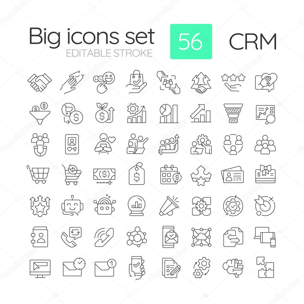 CRM linear icons set. Social marketing, media advertising. Business statistics, performance metrics. Customizable thin line symbols. Isolated vector outline illustrations. Editable stroke