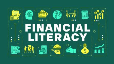 Finansal okuma yazma bilinci kelime kavramı. Aile tasarrufu, faturalar. Kişisel finans. Görsel iletişim. Harfli vektör sanatı, düzenlenebilir sembol. İnbot Sans yazı tipi kullanıldı