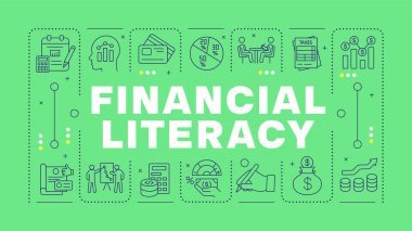 Finansal okur yazarlık yeşil kelime kavramı. Aile tasarrufu, faturalar. Kişisel finans. Yatay vektör görüntüsü. Düzenlenebilir taslak simgelerle çevrili başlık metni. İnbot Sans yazı tipi kullanıldı