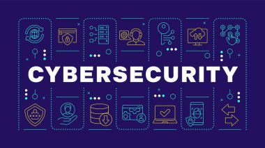 Siber güvenlik koyu mavi kelime konsepti. Yüz tanıma, veri gizliliği. Bulut iletişim yönetimi. Yatay vektör görüntüsü. Düzenlenebilir taslak simgelerle çevrili başlık metni. İnbot Sans yazı tipi kullanıldı