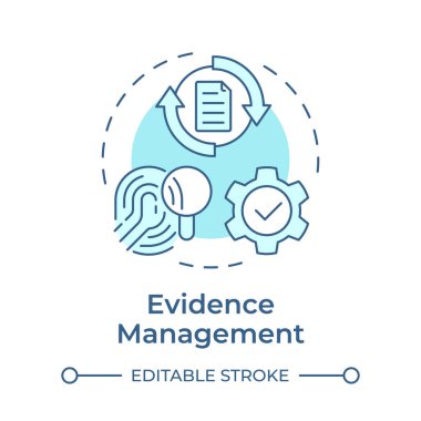 Kanıt yönetimi yumuşak mavi konsept ikonu. Siber adli tıp, dijital araştırma. Yuvarlak şekil çizimi. Soyut bir fikir. Grafik tasarımı. Bilgide ve sunumda kullanması kolay
