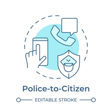 Polis, yumuşak mavi konsept ikonu vatandaşına. Kamu güvenliği, kolluk kuvvetleri. Adalet sistemi. Yuvarlak şekil çizimi. Soyut bir fikir. Grafik tasarımı. Bilgide ve sunumda kullanması kolay