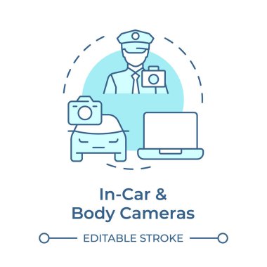 Araba ve vücut kameralarında yumuşak mavi kavram ikonu. Servis olarak video. Kayıt görüntüleri. Yuvarlak şekil çizimi. Soyut bir fikir. Grafik tasarımı. Bilgide ve sunumda kullanması kolay