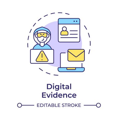 Dijital kanıt çok renkli konsept ikonu. Siber adli tıp, elektronik cihazlar. Yuvarlak şekil çizimi. Soyut bir fikir. Grafik tasarımı. Bilgide ve sunumda kullanması kolay