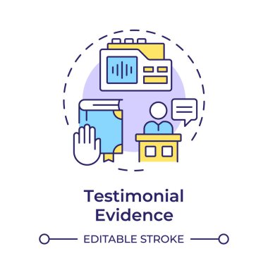 Tanıklık kanıtı çok renkli konsept ikonu. Yasal işlem, yargı sistemi. Yuvarlak şekil çizimi. Soyut bir fikir. Grafik tasarımı. Bilgide ve sunumda kullanması kolay
