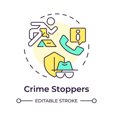 Suç önleyiciler çok renkli konsept simgesi. Kamu güvenliği organizasyonu. Olay önleme. Yuvarlak şekil çizimi. Soyut bir fikir. Grafik tasarımı. Bilgide ve sunumda kullanması kolay