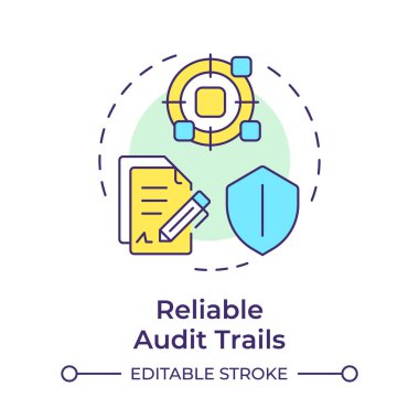 Güvenilir denemeler çok renkli konsept simgesi. Adli analiz, dijital kanıt. Yuvarlak şekil çizimi. Soyut bir fikir. Grafik tasarımı. Bilgide ve sunumda kullanması kolay