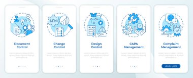 QMS mavi organizasyonu mobil uygulama ekranında. Doğrusal kavramlarla düzenlenebilir grafik yönergelerini 5 adımda gezdir. UI, UX, GUI şablonu. Montserrat Yarı Kalın, Düzenli yazı tipleri