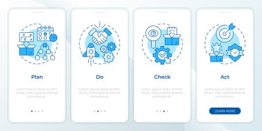 PDCA sistemi mavi mobil uygulama ekranında. Doğrusal kavramlarla düzenlenebilir grafik yönergelerini dört adımda gözden geçir. UI, UX, GUI şablonu. Montserrat Yarı Kalın, Düzenli yazı tipleri