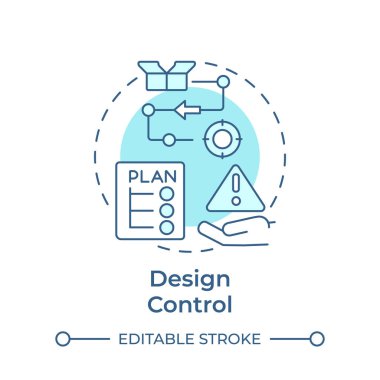 Tasarım kontrolü yumuşak mavi konsept simgesi. Üretim süreci, ürün kalitesi. Yuvarlak şekil çizimi. Soyut bir fikir. Grafik tasarımı. Bilgide ve sunumda kullanması kolay