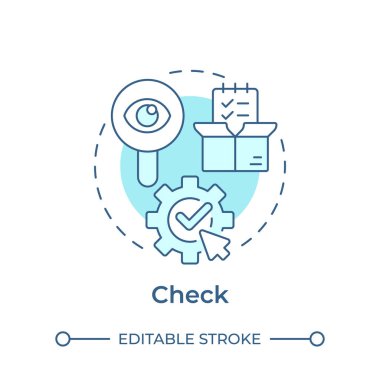 Yumuşak mavi konsept simgesini kontrol et. Kalite yönetim sistemi. Performans analizi. Yuvarlak şekil çizimi. Soyut bir fikir. Grafik tasarımı. Bilgide ve sunumda kullanması kolay