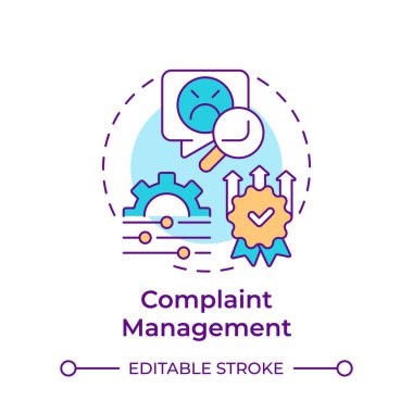 Şikayet yönetimi çok renkli konsept simgesi. Müşteri hizmetleri, kalite standartları. Yuvarlak şekil çizimi. Soyut bir fikir. Grafik tasarımı. Bilgide ve sunumda kullanması kolay