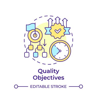 Kalite hedefleri çok renkli konsept simgesi. Performans ölçümleri, gol ölçümü. Yuvarlak şekil çizimi. Soyut bir fikir. Grafik tasarımı. Bilgide ve sunumda kullanması kolay