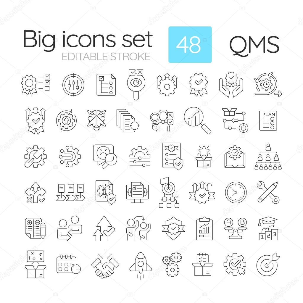 QMS linear icons set. Performance improvement. Measurable goals, accountability. Lean management. Customizable thin line symbols. Isolated vector outline illustrations. Editable stroke