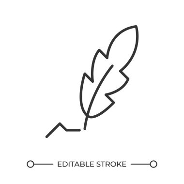 Quill doğrusal simgesi. Eski moda bir enstrüman. Kaligrafi sembolü. İmza kağıdı. Tüylü el yazısı. İnce çizgili çizim. Contour sembolü. Vektör çizimi. Düzenlenebilir vuruş