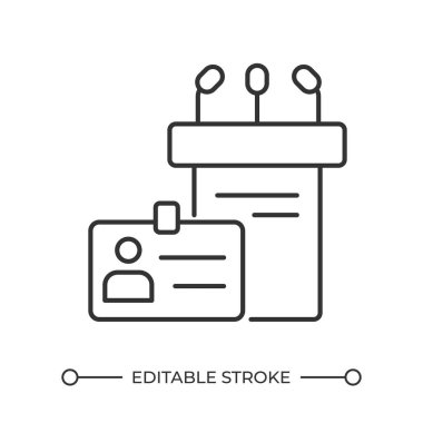 Halka açık etkinlik doğrusal simgesi. Podyum ve kimlik kartı. Profesyonel bir olay. Panel tartışması. Basın toplantısı. İnce çizgili çizim. Contour sembolü. Vektör çizimi. Düzenlenebilir vuruş