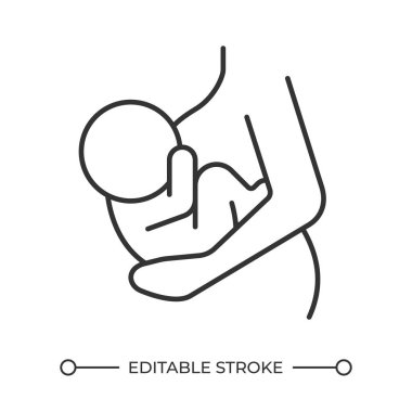 Emzirme doğrusal simgesi. Annelik bakımı. Bebek maması. Doğum emzirmesi, çocuk bakımı. Annelik ebeveynliği. İnce çizgili çizim. Contour sembolü. Vektör çizimi. Düzenlenebilir vuruş